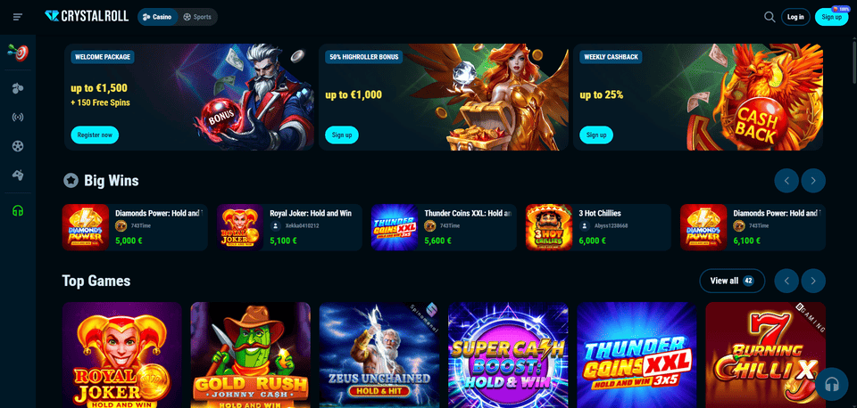 Crystal Roll casino lobby – slots, live casino en crash-games